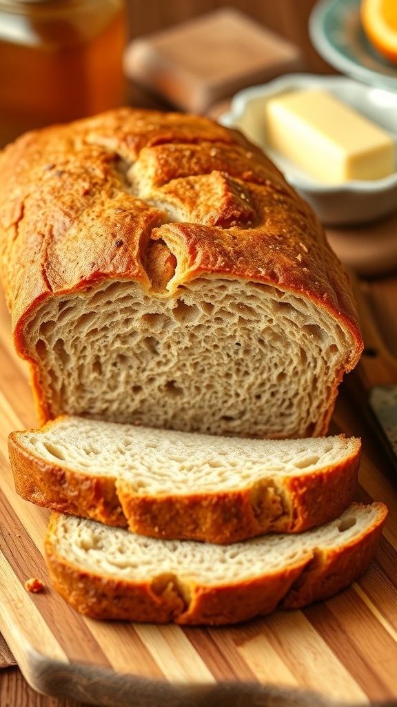 Freshly baked whole wheat bread loaf sliced on a wooden board with honey and butter.